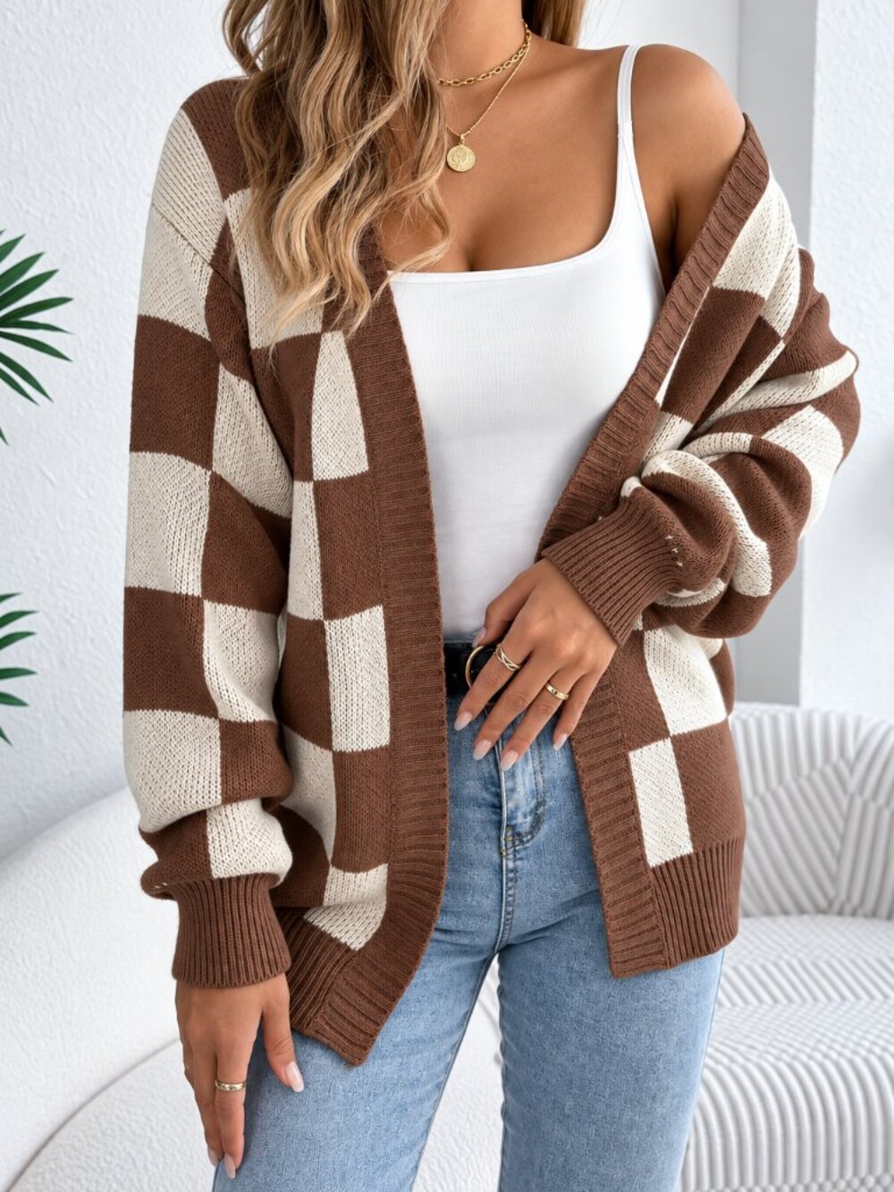 Women's Checkerboard Open Front Knit Cardigan Long Sleeve Sweater